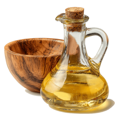 Glasflasche mit goldgelbem Öl und Korken neben einer kleinen Holzschale, freigestellt auf weißem Hintergrund