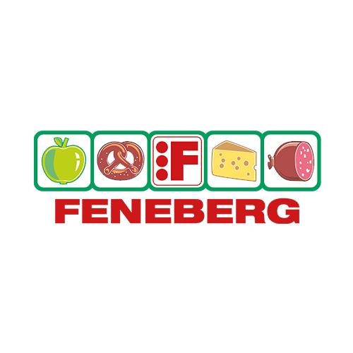 Fenebeg-Logo mit Apfel, Brezel, Buchstabe F, Käse und Wurst als Symbole für Lebensmittel und Supermarkt