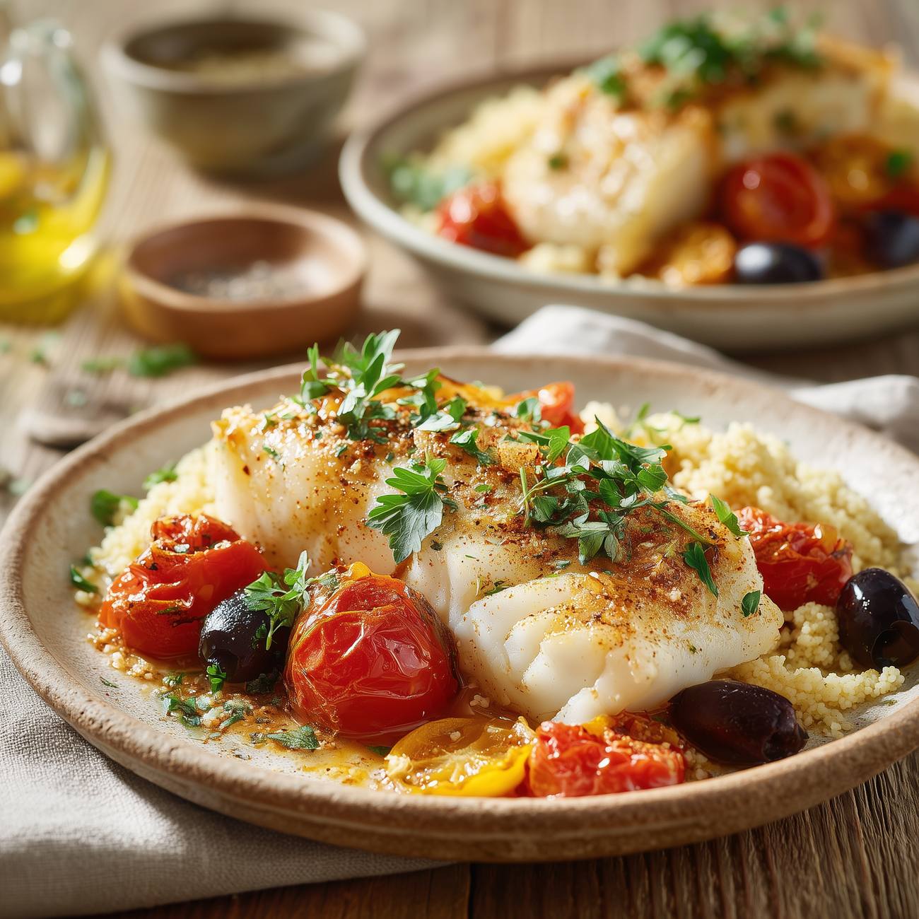 Gebratenes Fischfilet auf Couscous mit Ofentomaten, schwarzen Oliven und Petersilie auf einem Teller serviert
