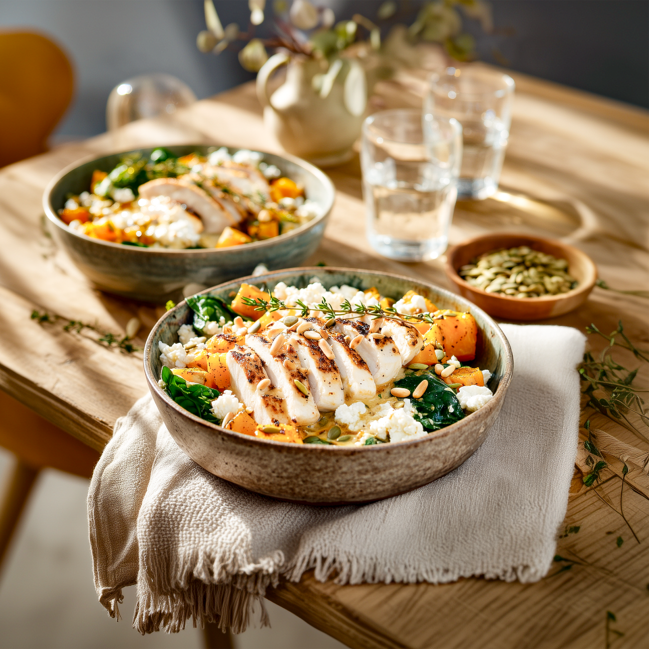 Zwei Schalen mit Hähnchen, Kürbis, Spinat und Körnern auf Holztisch, daneben Gläser und Kerne in einer Schale