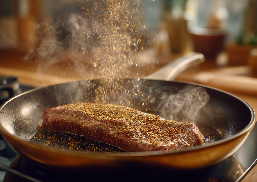Steak in einer heißen Pfanne, während Gewürze darüber gestreut werden und Dampf beim Braten aufsteigt