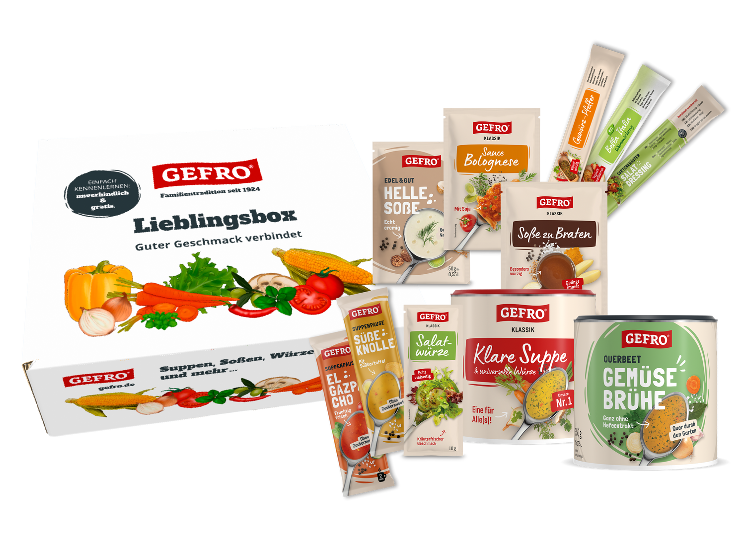 GEFRO Lieblingsbox mit Brühe, klarer Suppe, Soßen, Salatwürze und weiteren Probierprodukten im Überblick