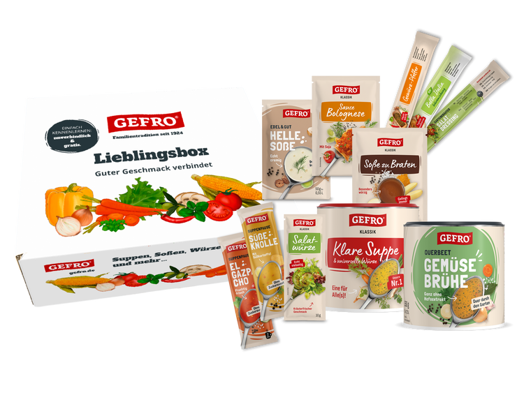 GEFRO Lieblingsbox mit Brühe, klarer Suppe, Soßen, Salatwürze und weiteren Probierprodukten im Überblick
