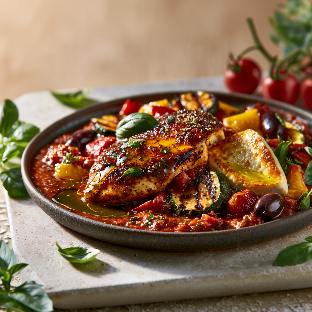 „Gegrillte Hähnchenbrust auf einer fruchtigen Tomatensoße mit Zucchini, Paprika, Kirschtomaten, Oliven und Zitronenspalte, garniert mit Basilikum.“