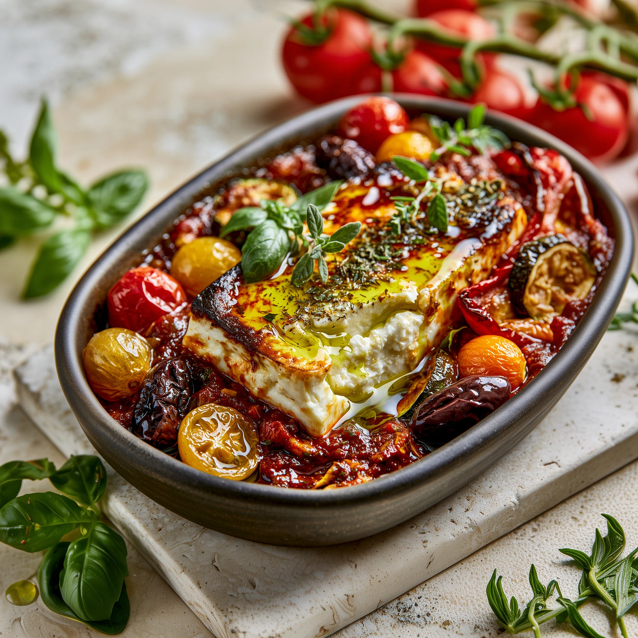 „Gebackener Feta auf einer würzigen Tomatensoße mit gerösteten Kirschtomaten, getrockneten Tomaten, Oliven und Kräutern, verfeinert mit Olivenöl.“