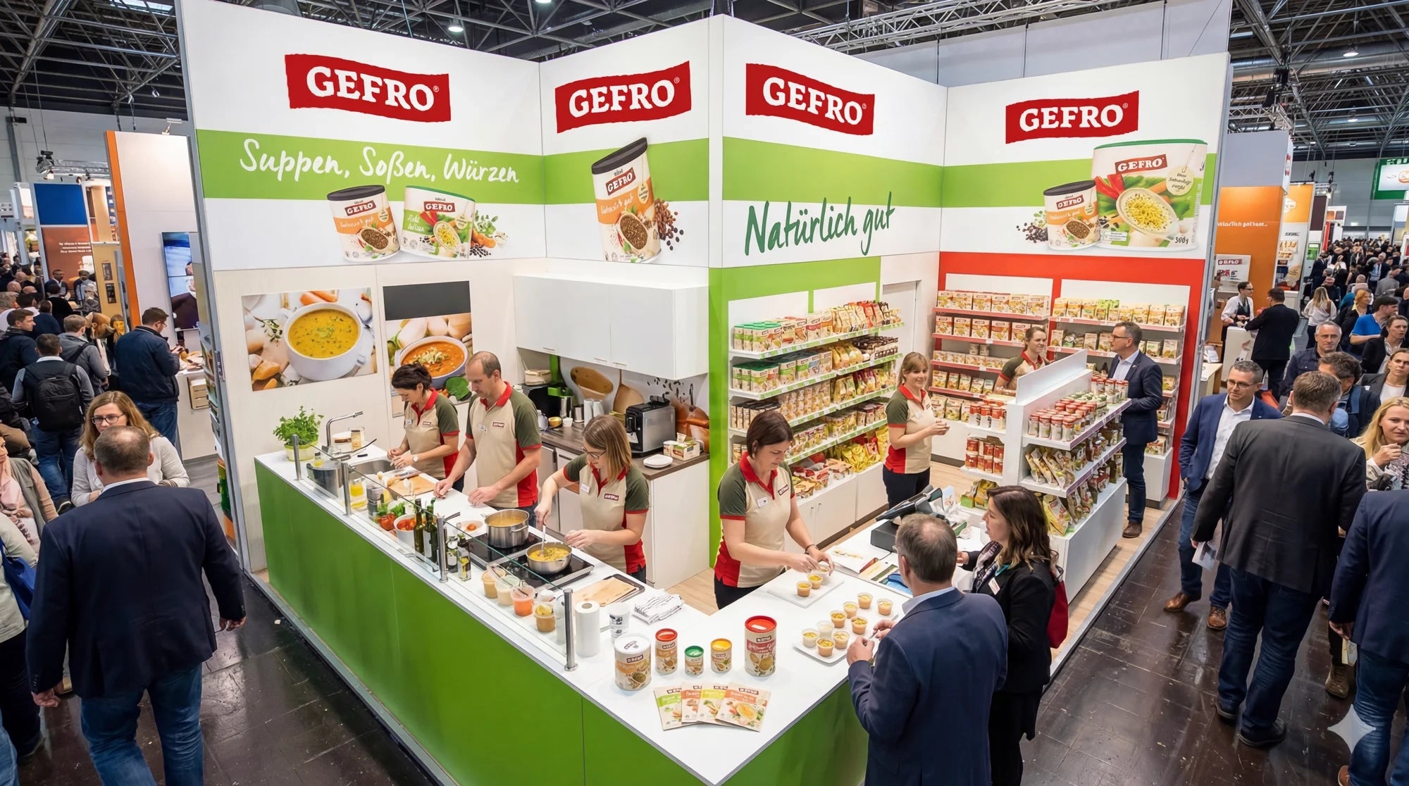 GEFRO-Messestand mit Kochvorführung, Produktregalen und Verkostung für Besucher auf einer gut besuchten Messe