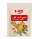 Beutel GEFRO Klassik Klare Suppe und universelle Würze, 125 g, Vorderseite mit Löffel, Suppe und Gemüse