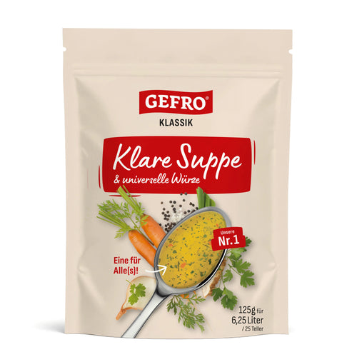 Beutel GEFRO Klassik Klare Suppe und universelle Würze, 125 g, Vorderseite mit Löffel, Suppe und Gemüse