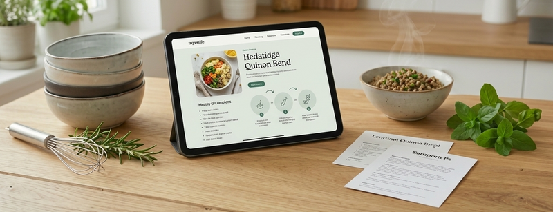 Tablet mit Rezeptseite auf Küchentisch, daneben Schüsseln, Schneebesen, Kräuter und gedruckte Rezeptblätter.