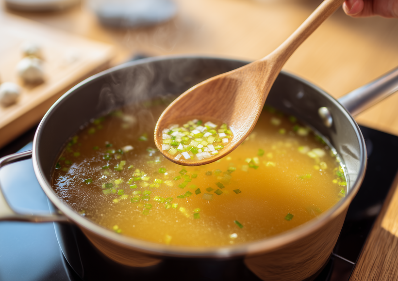 Klare Suppe kocht in einem Topf auf dem Herd, während ein Holzlöffel etwas Brühe mit fein geschnittenen Kräutern anhebt.