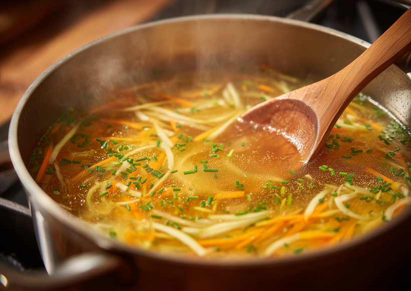 Ein Topf mit klarer Gemüsesuppe steht auf einem Herd. In der Suppe schwimmen feine Gemüsestreifen und Kräuter, während mit einem Holzlöffel umgerührt wird und Dampf aufsteigt.