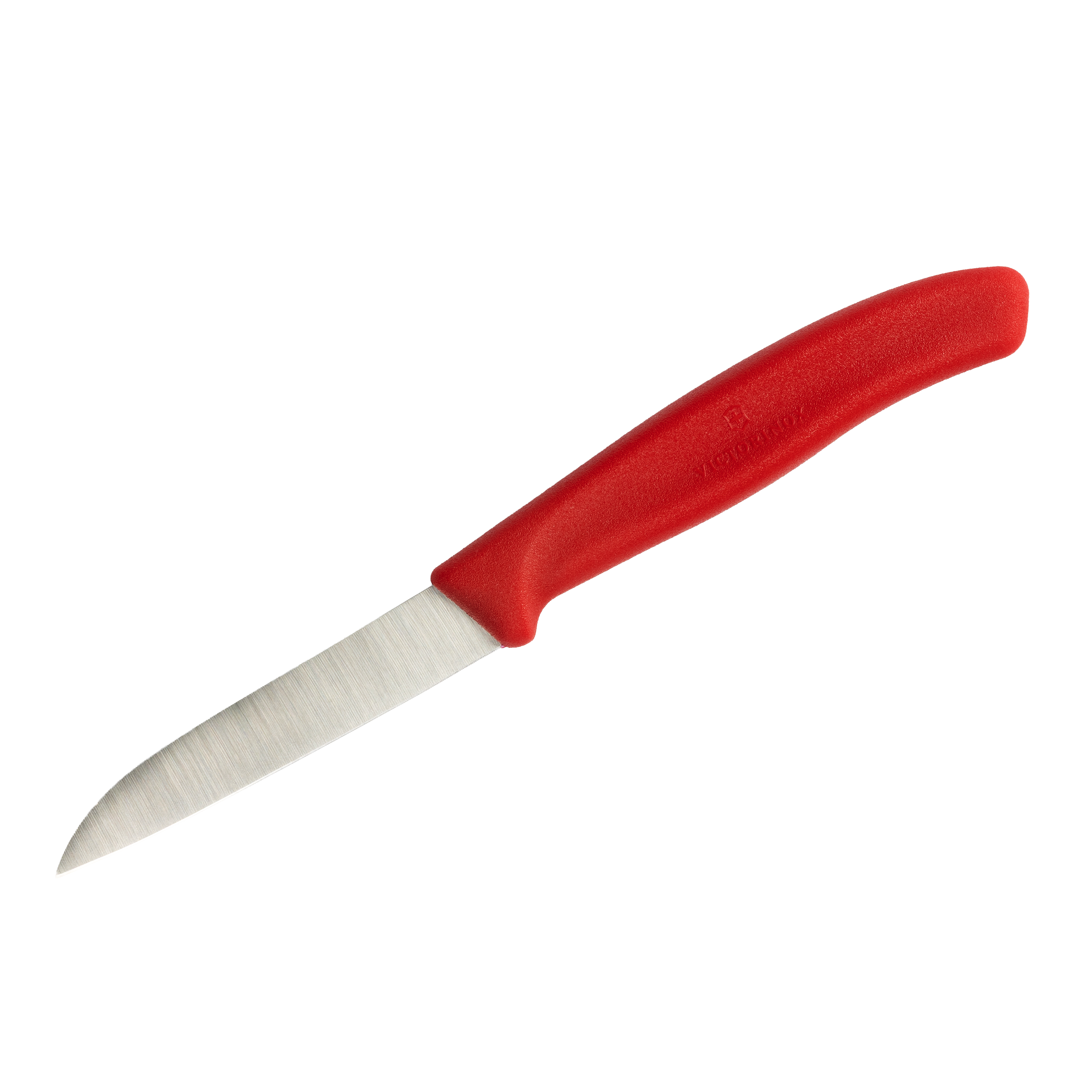Kleines Küchenmesser mit kurzer Edelstahlklinge und rotem Kunststoffgriff, geeignet zum Schälen und Schneiden