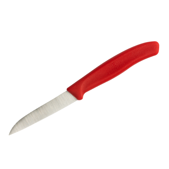 Kleines Küchenmesser mit kurzer Edelstahlklinge und rotem Kunststoffgriff, geeignet zum Schälen und Schneiden