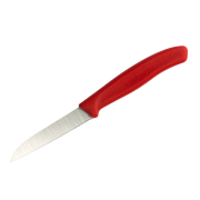 Kleines Küchenmesser mit Wellenschliff und rotem Griff, ideal zum Schneiden von Obst, Gemüse und Brötchen