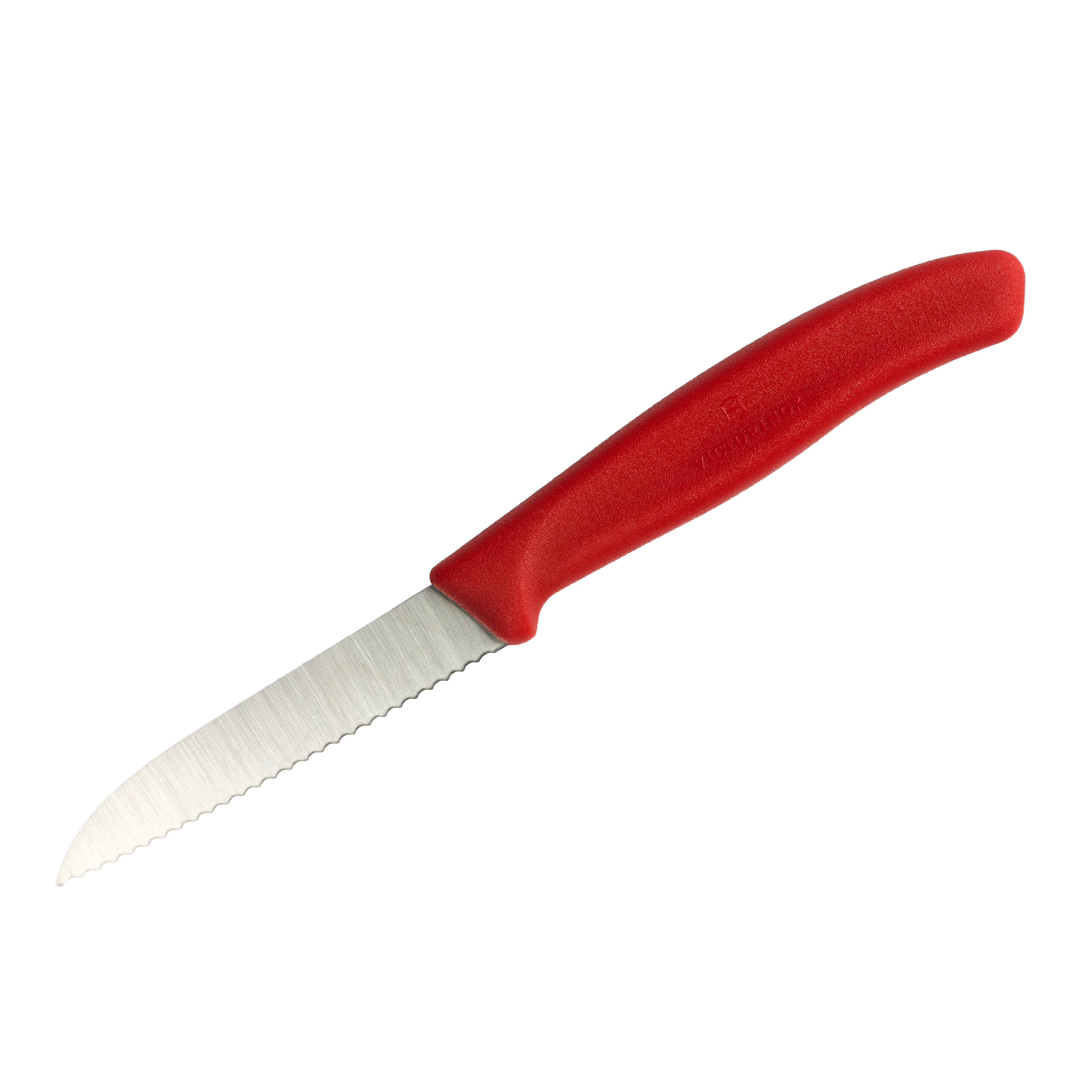 Kleines Küchenmesser mit Wellenschliff und rotem Griff, ideal zum Schneiden von Obst, Gemüse und Brötchen