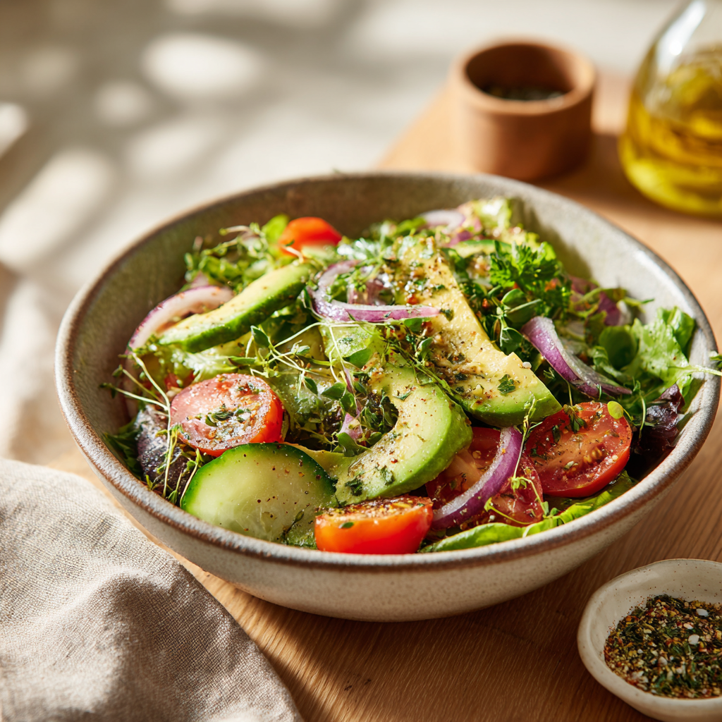 Frischer Salat mit Avocado, Tomaten und roten Zwiebeln in einer Schale, ideal für eine leichte Mahlzeit