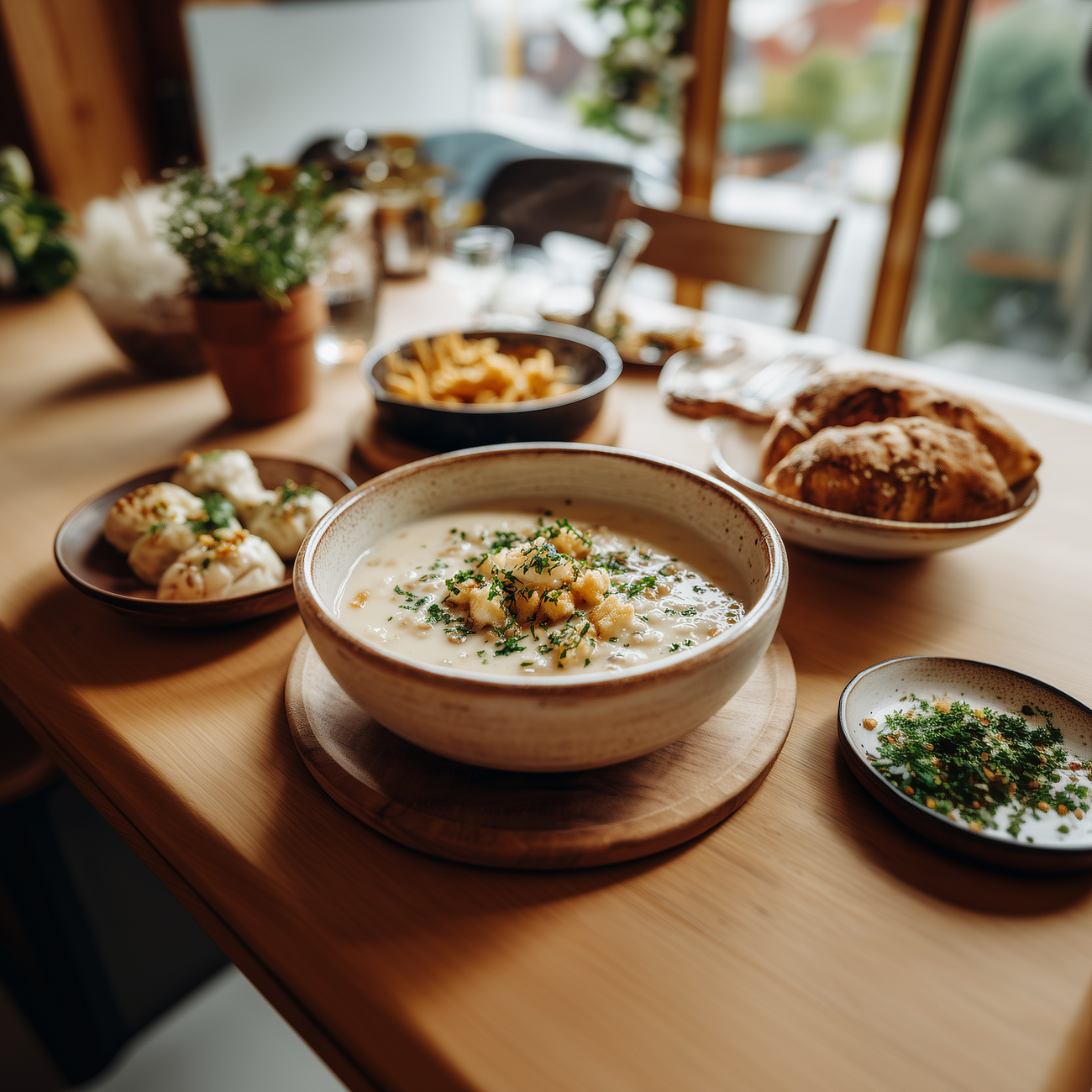 Cremige Suppe in einer Schüssel auf Holztisch, serviert mit Brot, Pommes und kleinen Beilagen im warmen Licht