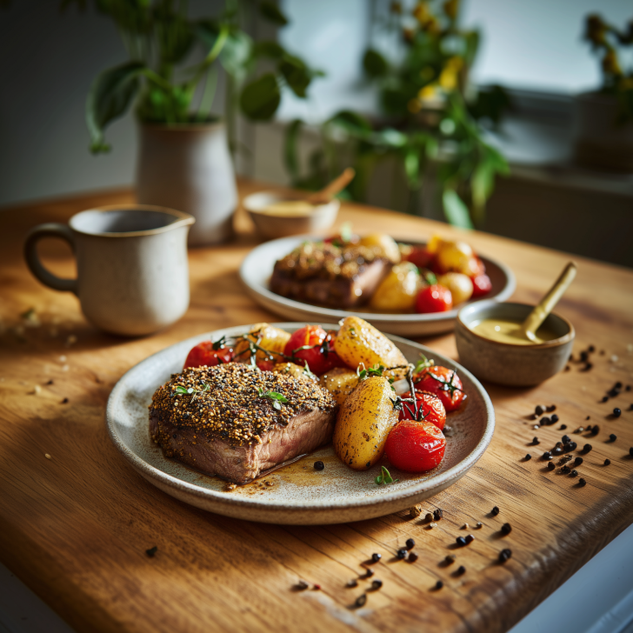 Gebratenes Steak mit Kartoffeln und Tomaten auf Keramikteller, serviert auf rustikalem Holztisch mit Sauce daneben