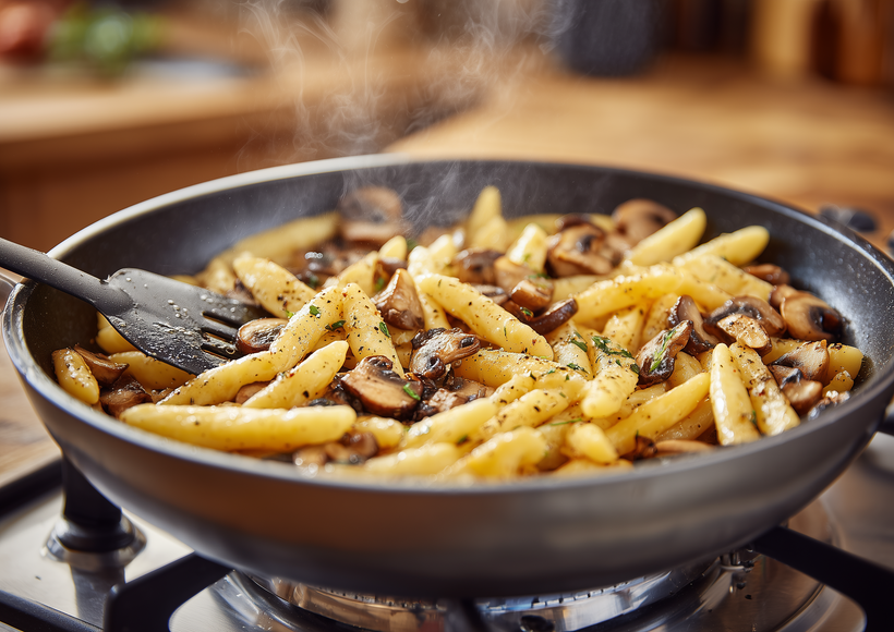 Pfanne mit dampfenden Schupfnudeln und gebratenen Champignons auf dem Herd, beim Anbraten in der Küche
