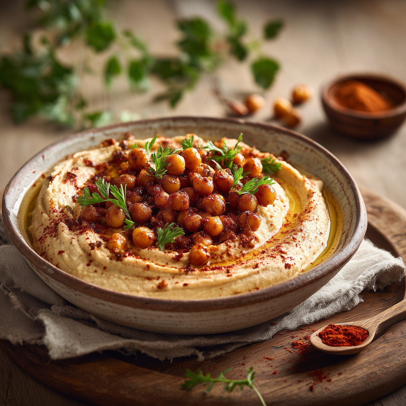 Schale mit cremigem Hummus, gerösteten Kichererbsen, Petersilie, Olivenöl und Paprikagewürz auf Holzbrett