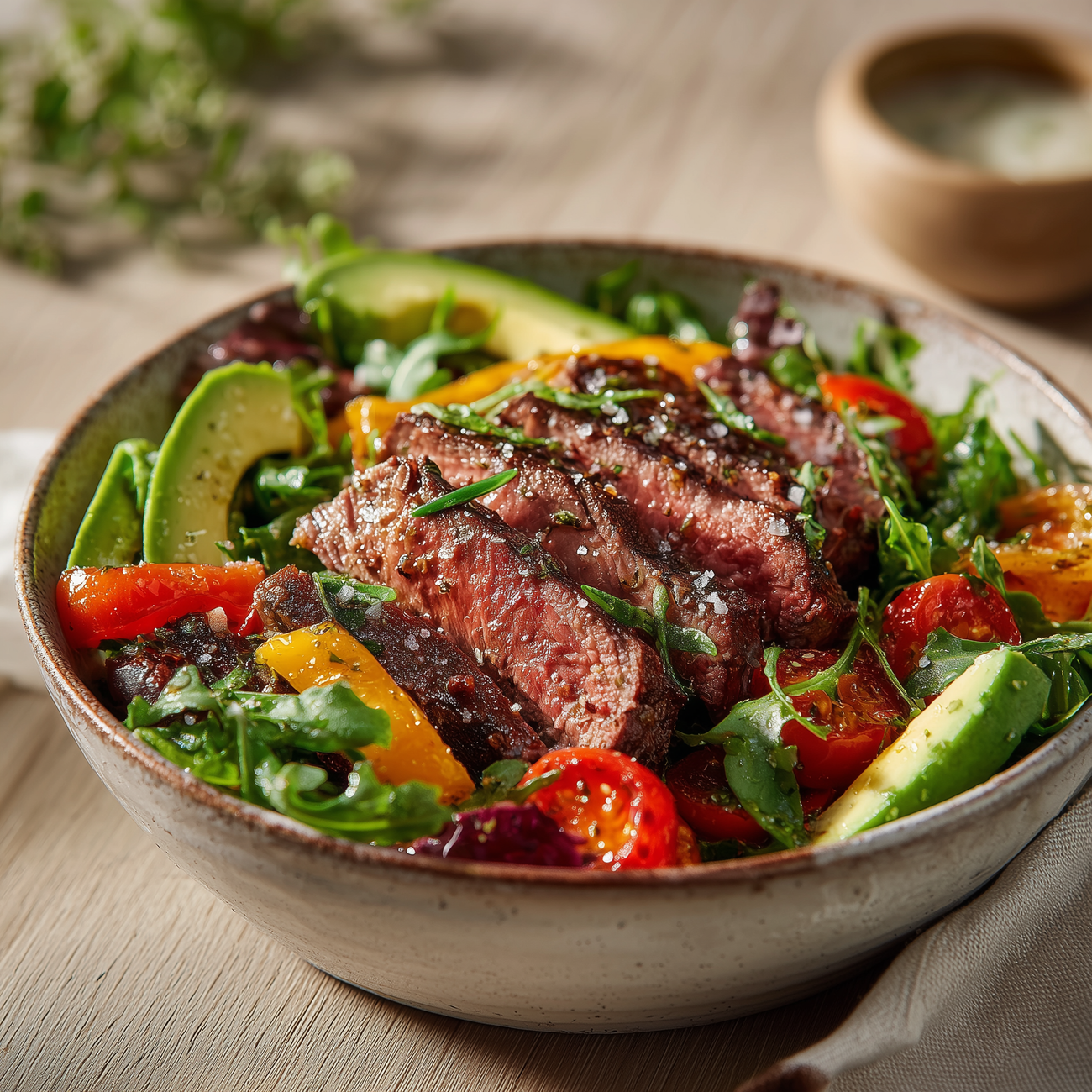 Schale mit Rindfleischstreifen auf Salat, Avocado, Paprika und Tomaten, serviert als frische Hauptmahlzeit