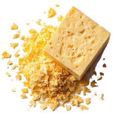 Stück Hartkäse mit kleinen Löchern auf gehobeltem Käse, freigestellt für Produktdarstellung im Onlineshop