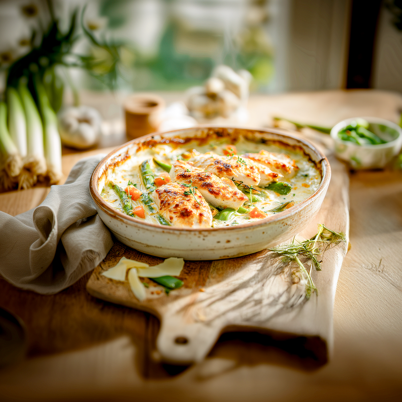Auflauf mit Hähnchen, grünem Spargel und cremiger Sauce in einer Keramikform auf einem Holzbrett serviert