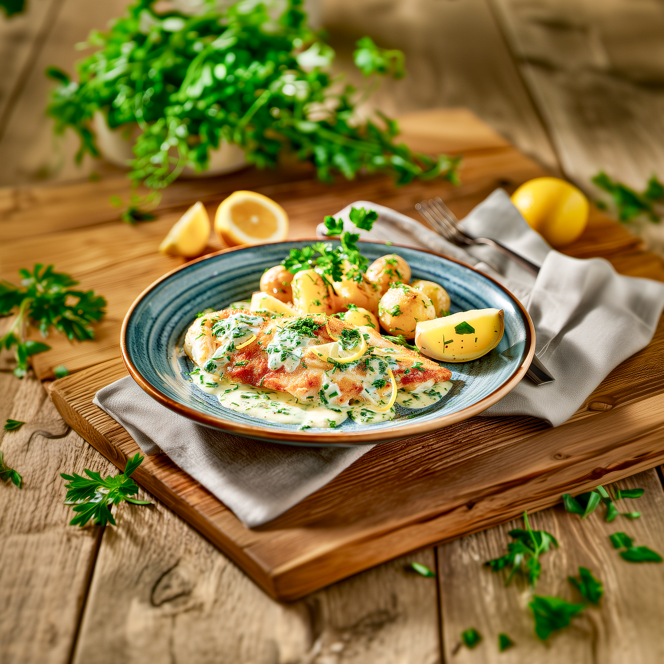 Gebratenes Fischfilet mit Kräutersoße, Petersilienkartoffeln und Zitronenspalte auf einem blauen Teller.