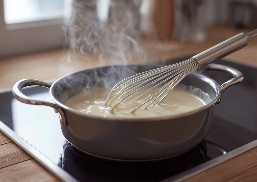 Helle Sauce wird mit einem Schneebesen in einem Topf auf dem Herd gerührt.