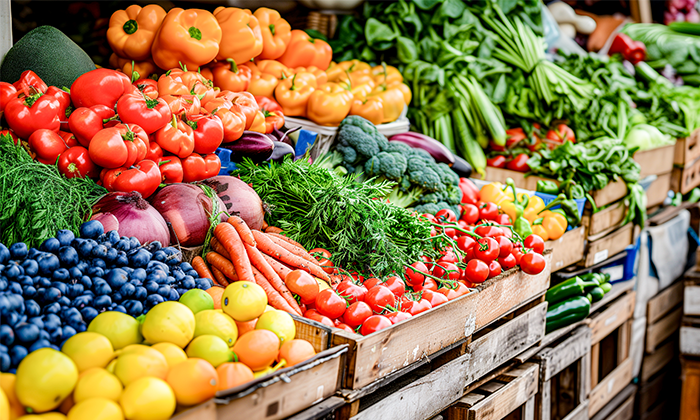 Bunter Marktstand mit frischem Obst und Gemüse wie Tomaten, Karotten, Trauben, Zitronen und Kräutern, ordentlich in Holzkisten ausgelegt.