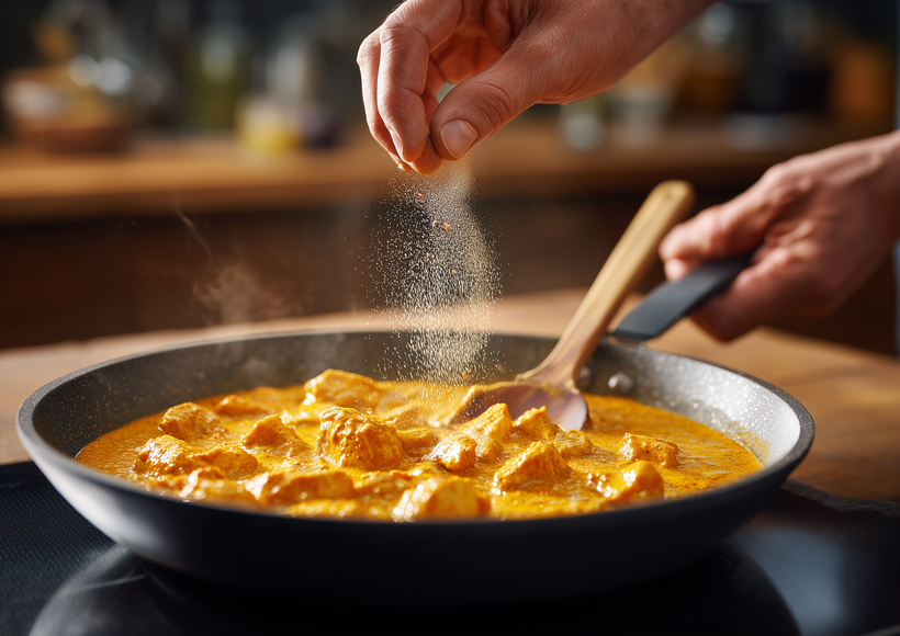 Hand würzt ein cremiges Curry in der Pfanne, während es auf dem Herd gekocht und mit einem Löffel gerührt wird.