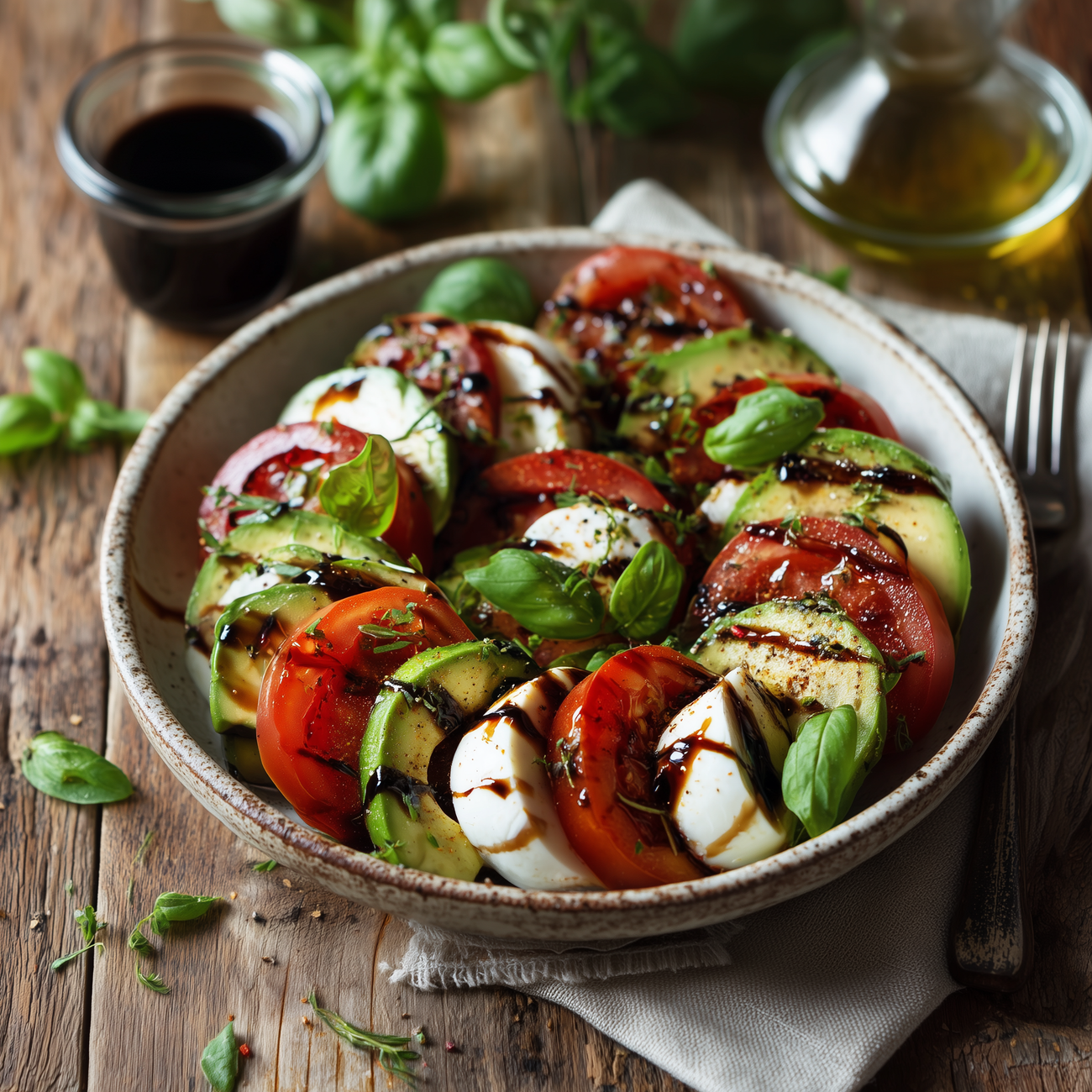 Schale mit Tomaten-, Avocado- und Mozzarellasalat, garniert mit Basilikum und dunklem Balsamico-Dressing