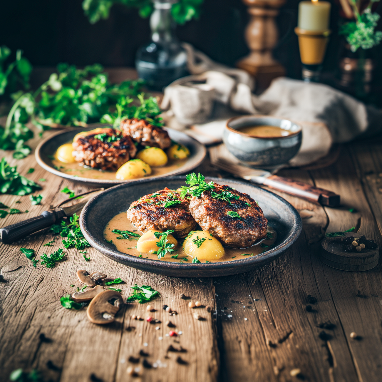Zwei gebratene Frikadellen mit kleinen Kartoffeln in Soße, angerichtet auf einem rustikalen Holztisch.