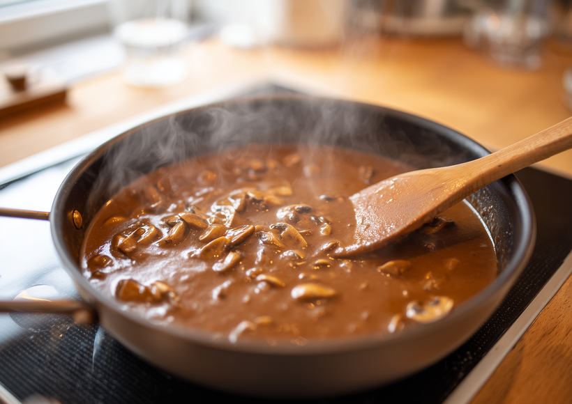 Pilzsauce köchelt in einer Pfanne auf dem Herd, während sie mit einem Holzlöffel gerührt wird.
