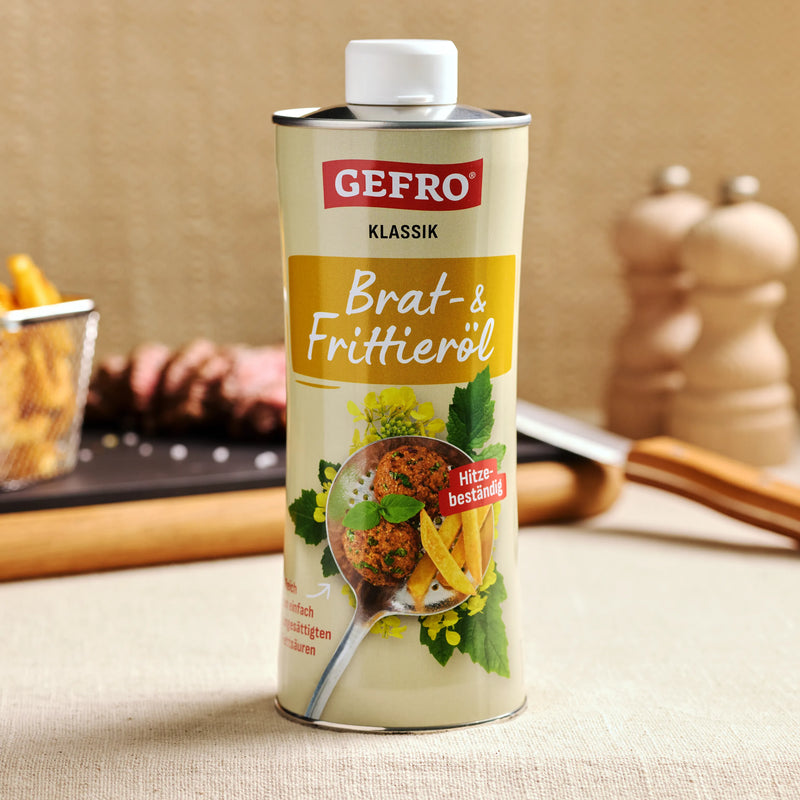 Dose GEFRO Klassik Brat- und Frittieröl auf einem Küchentisch, geeignet zum Braten und Frittieren bei hoher Hitze