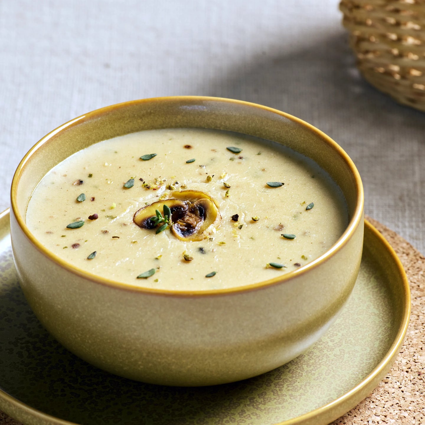 Cremefarbene Suppe in einer matten Keramikschüssel auf Unterteller, garniert mit Pilzscheibe und grünen Kernen