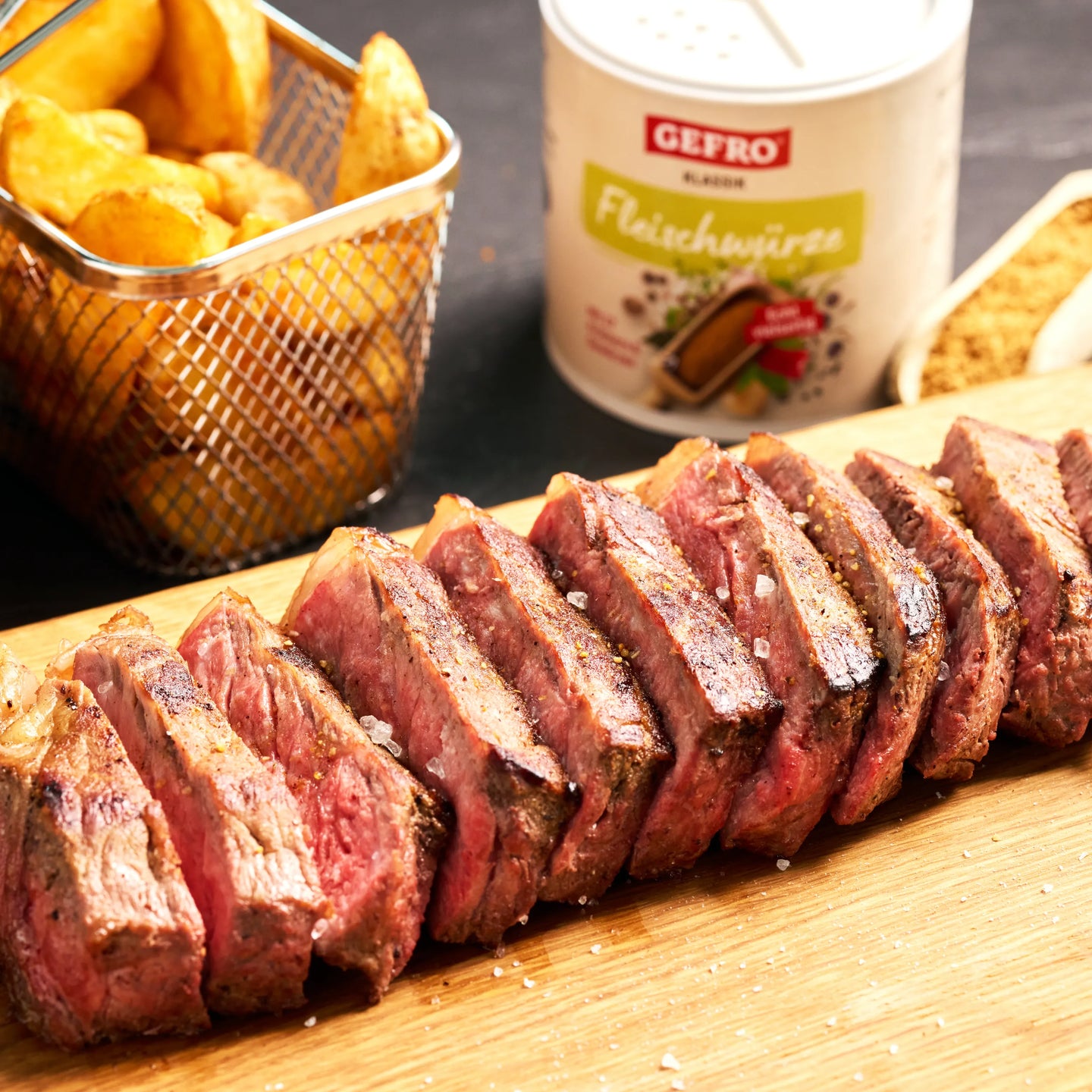 Aufgeschnittenes, rosa gebratenes Steak auf Holzbrett, daneben Kartoffelbeilagen und Fleischwürze im Hintergrund
