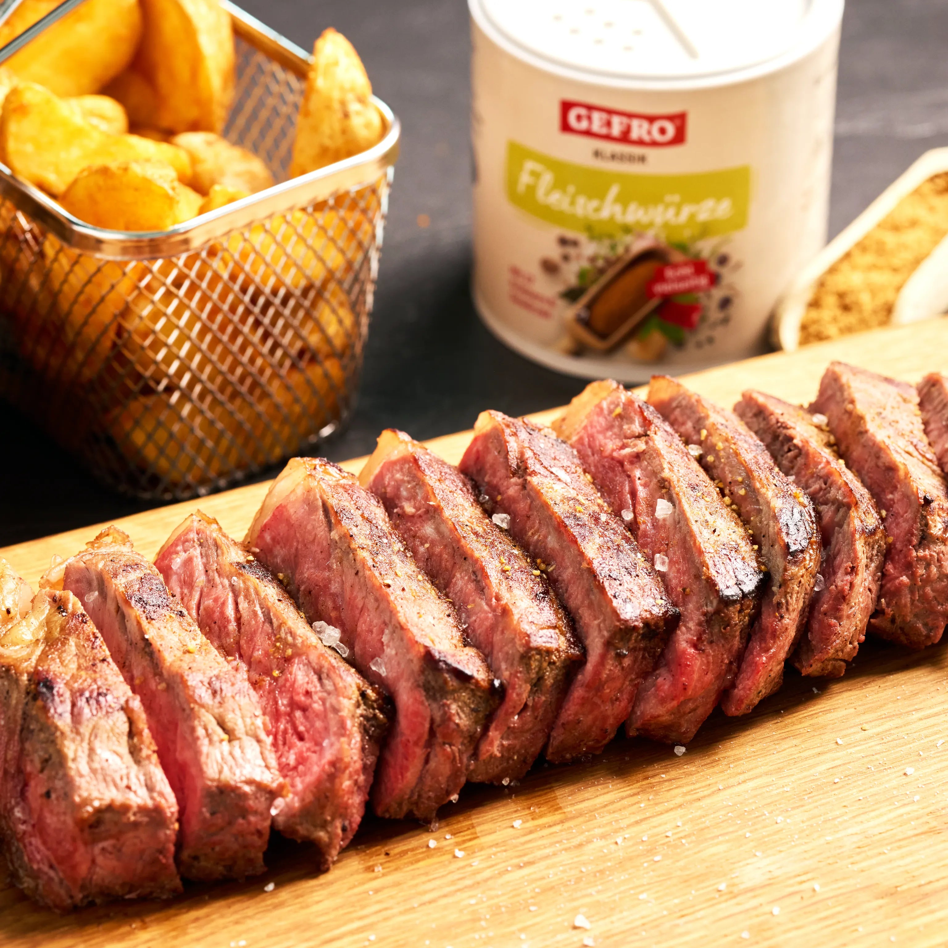 Aufgeschnittenes, rosa gebratenes Steak auf Holzbrett, daneben Kartoffelbeilagen und Fleischwürze im Hintergrund