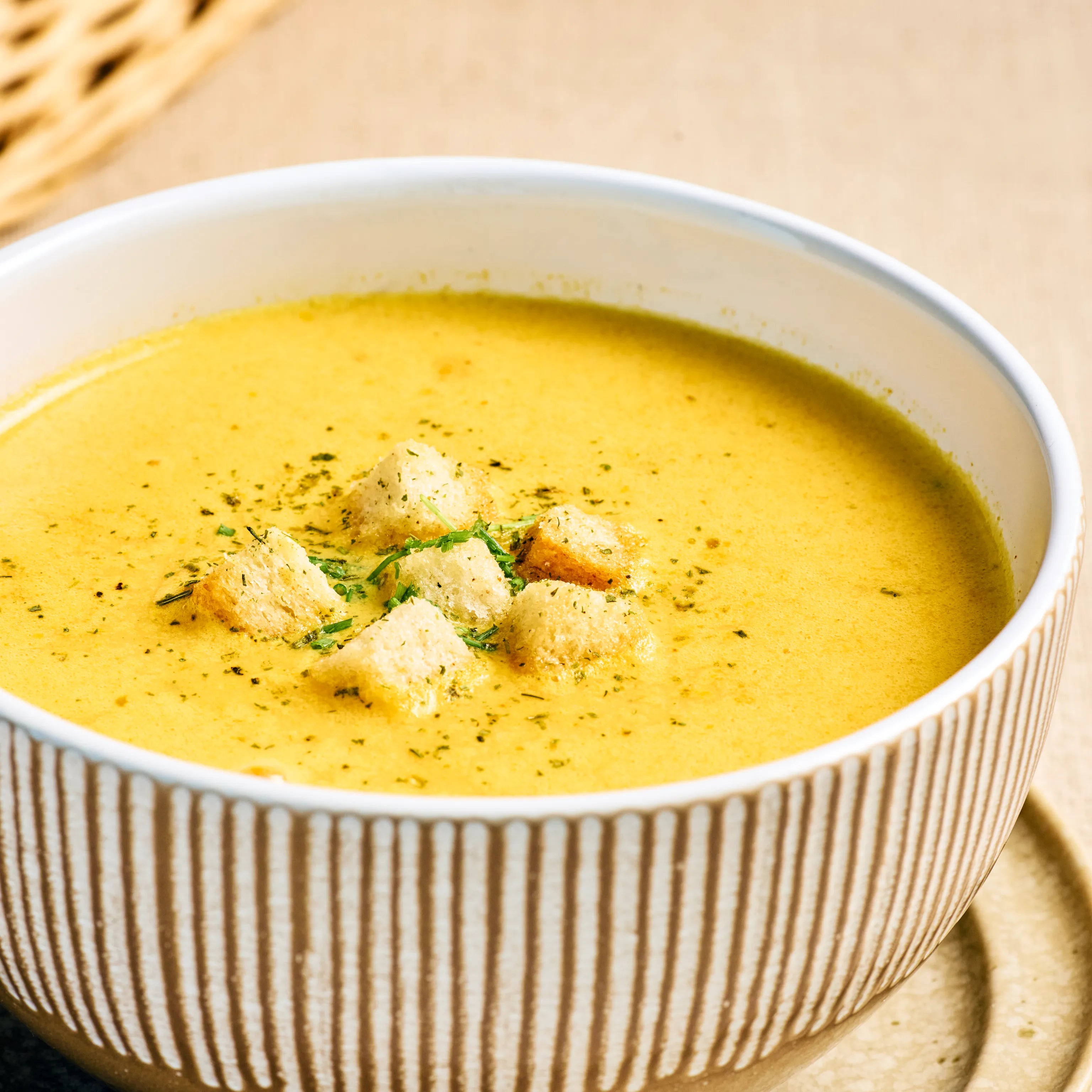 Cremige gelbe Suppe in einer weißen Schale, garniert mit Brotwürfeln und Kräutern auf hellem Holztisch