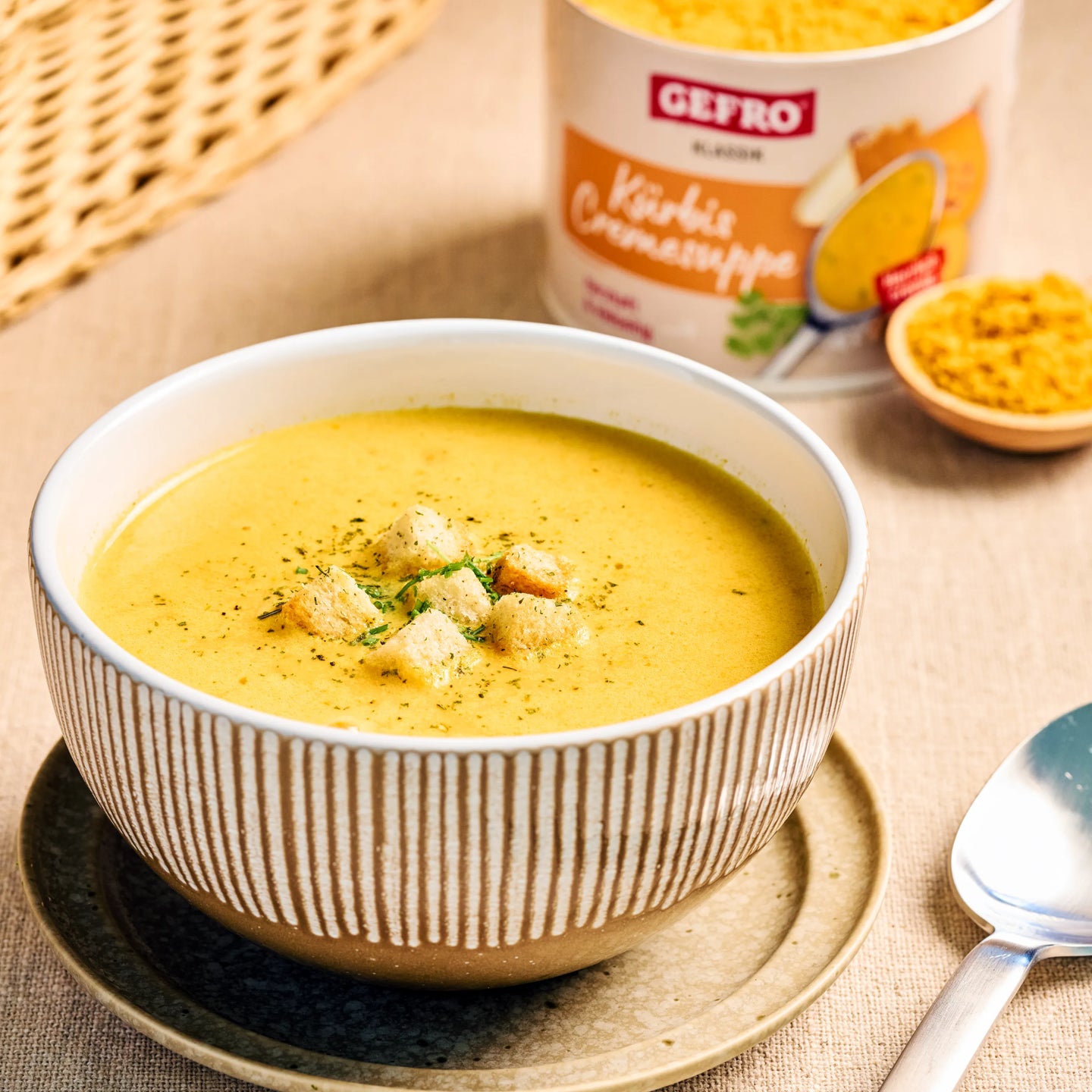 Schüssel mit cremiger Kürbis-Cremesuppe und Croûtons, dahinter Becher mit Gefro Kürbis Cremesuppe auf Holztisch