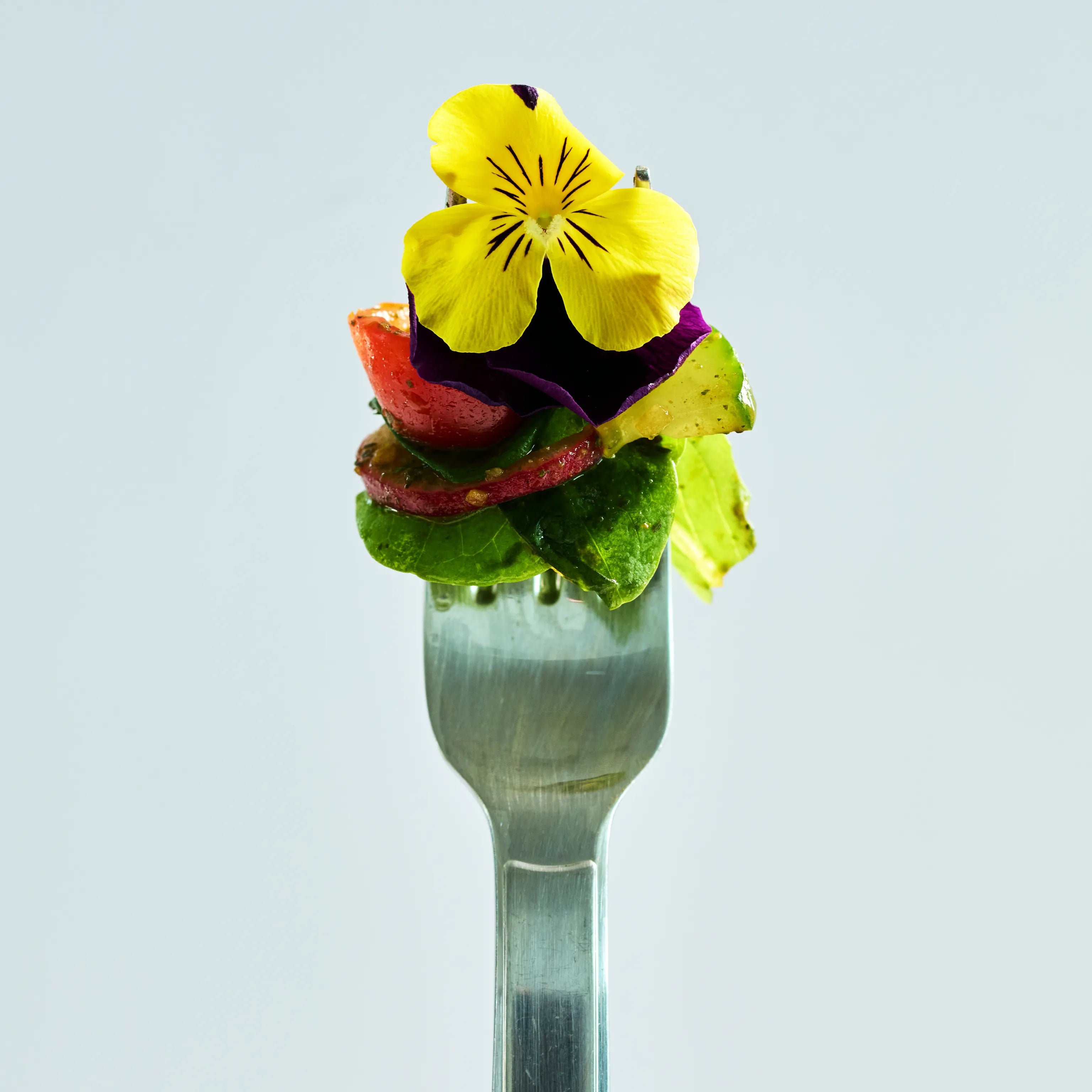 Gabel mit kleinem Salat aus Blättern, roter Frucht und gelber essbarer Blüte vor hellem Hintergrund