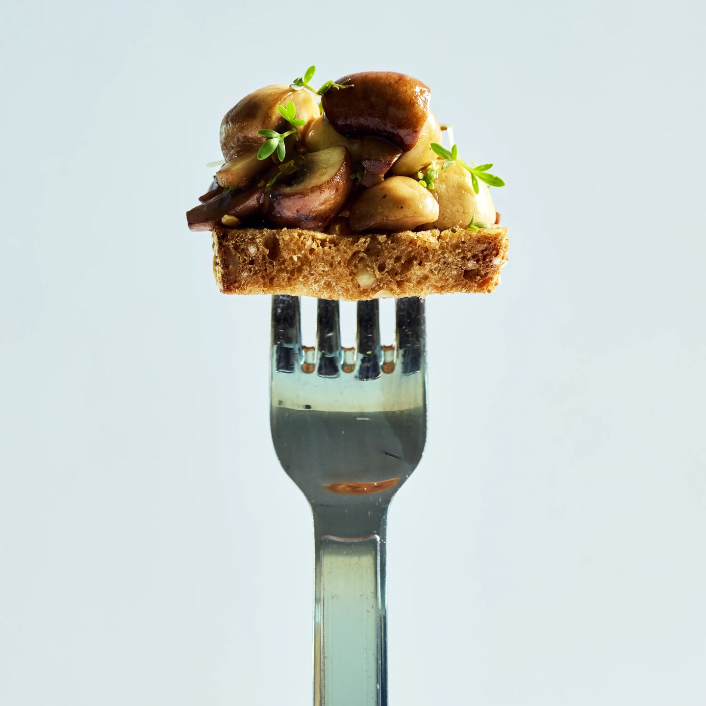 Gabel mit geröstetem Brot, belegt mit gebratenen Pilzen und frischen Kräutern vor hellem Hintergrund.