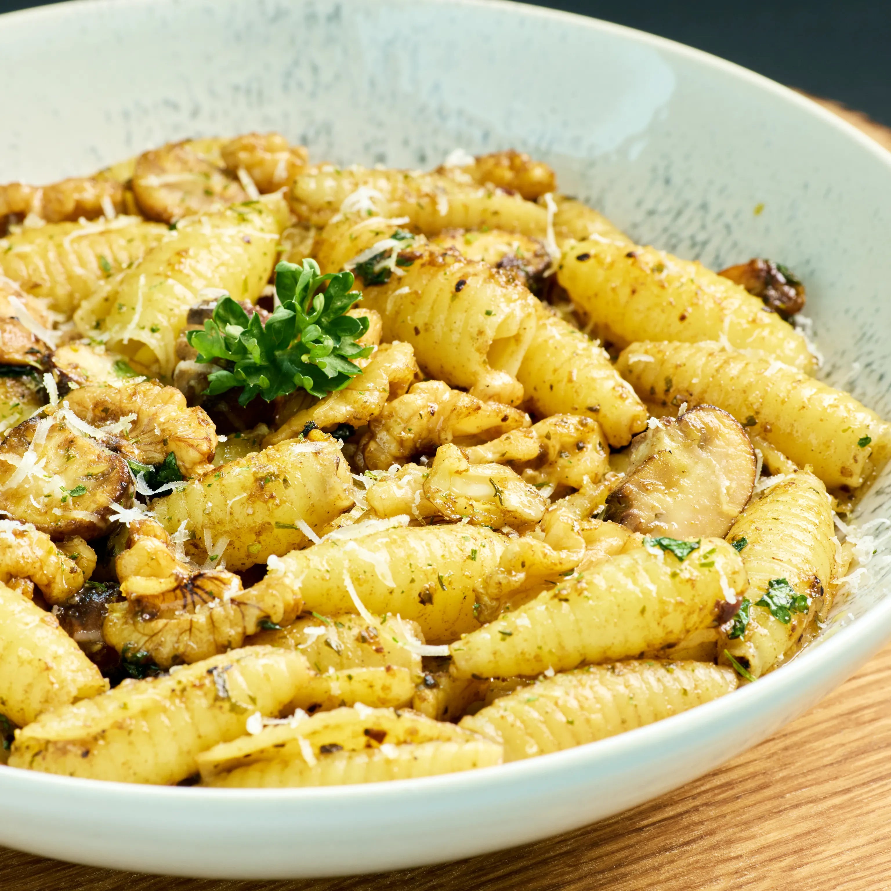Schale mit Muschelnudeln, Pilzen und Walnüssen, mit Kräutern und geriebenem Käse als serviertes Pastagericht