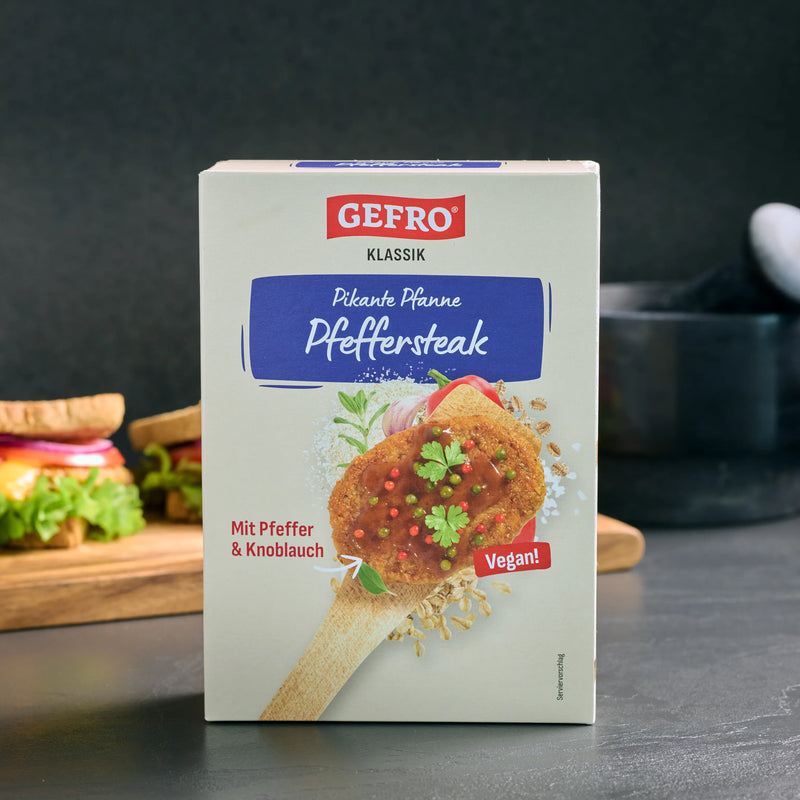 Verpackung von GEFRO Klassik Pikante Pfanne Pfeffersteak, vegane Mischung mit Pfeffer und Knoblauch.
