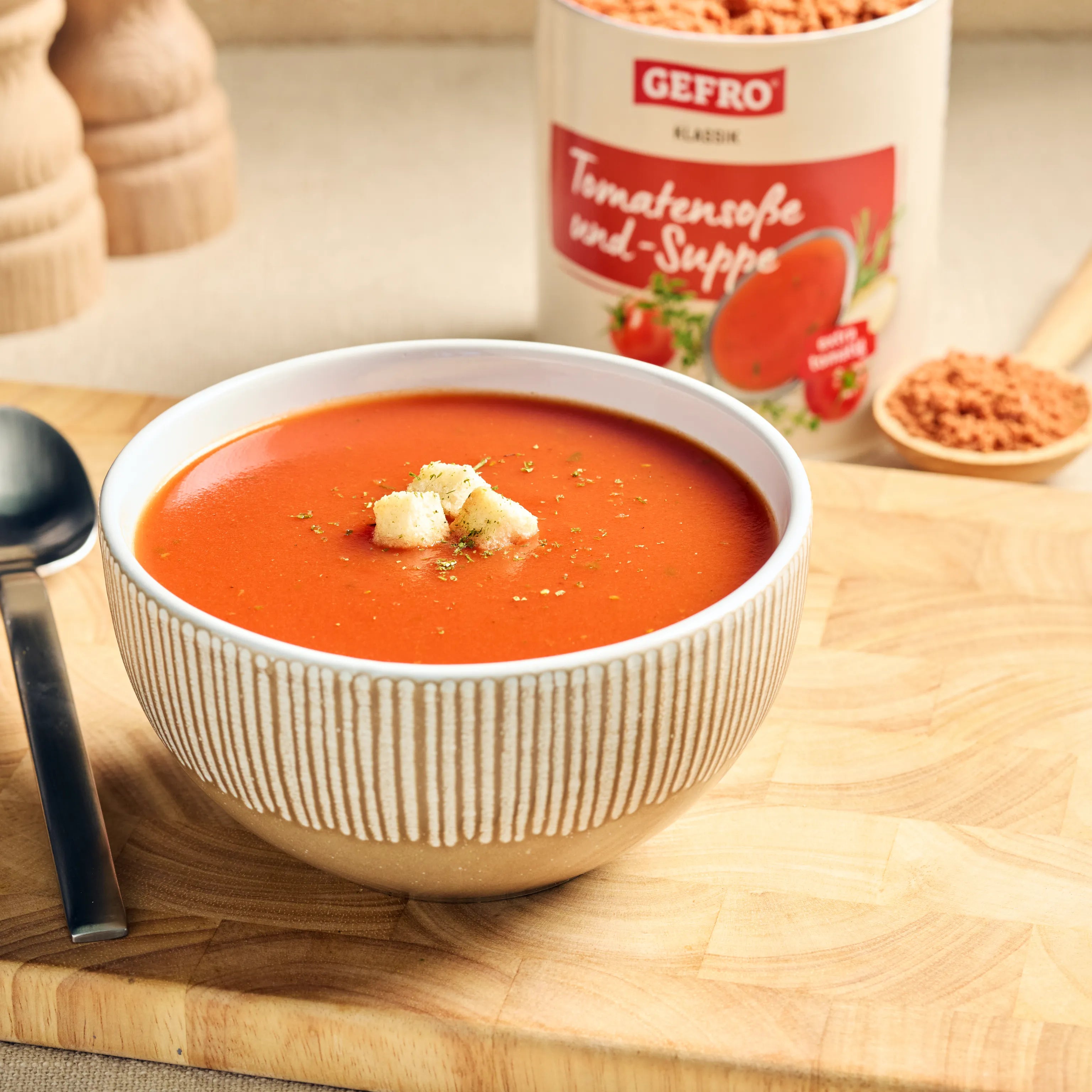 Schüssel mit cremiger Tomatensuppe auf Holzbrett, dahinter Dose GEFRO Tomatensuppe und Löffel mit Pulver