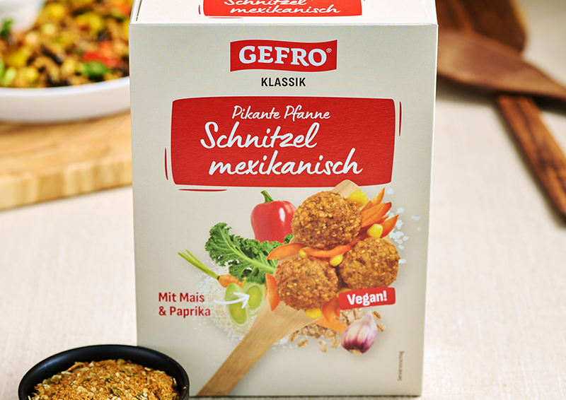 Verpackung von GEFRO Klassik Pikante Pfanne Schnitzel mexikanisch, vegan, mit Mais und Paprika