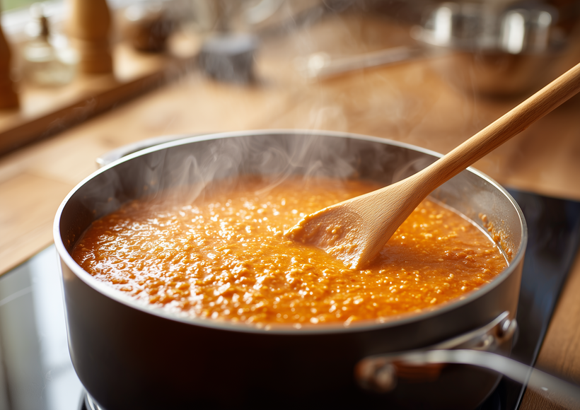 Eine Pfanne mit veganer Bolognese steht auf einem eingeschalteten Kochfeld. Die orangefarbene Soße mit feinen Sojagranulaten wird mit einem Holzlöffel umgerührt, während leichter Dampf aufsteigt.