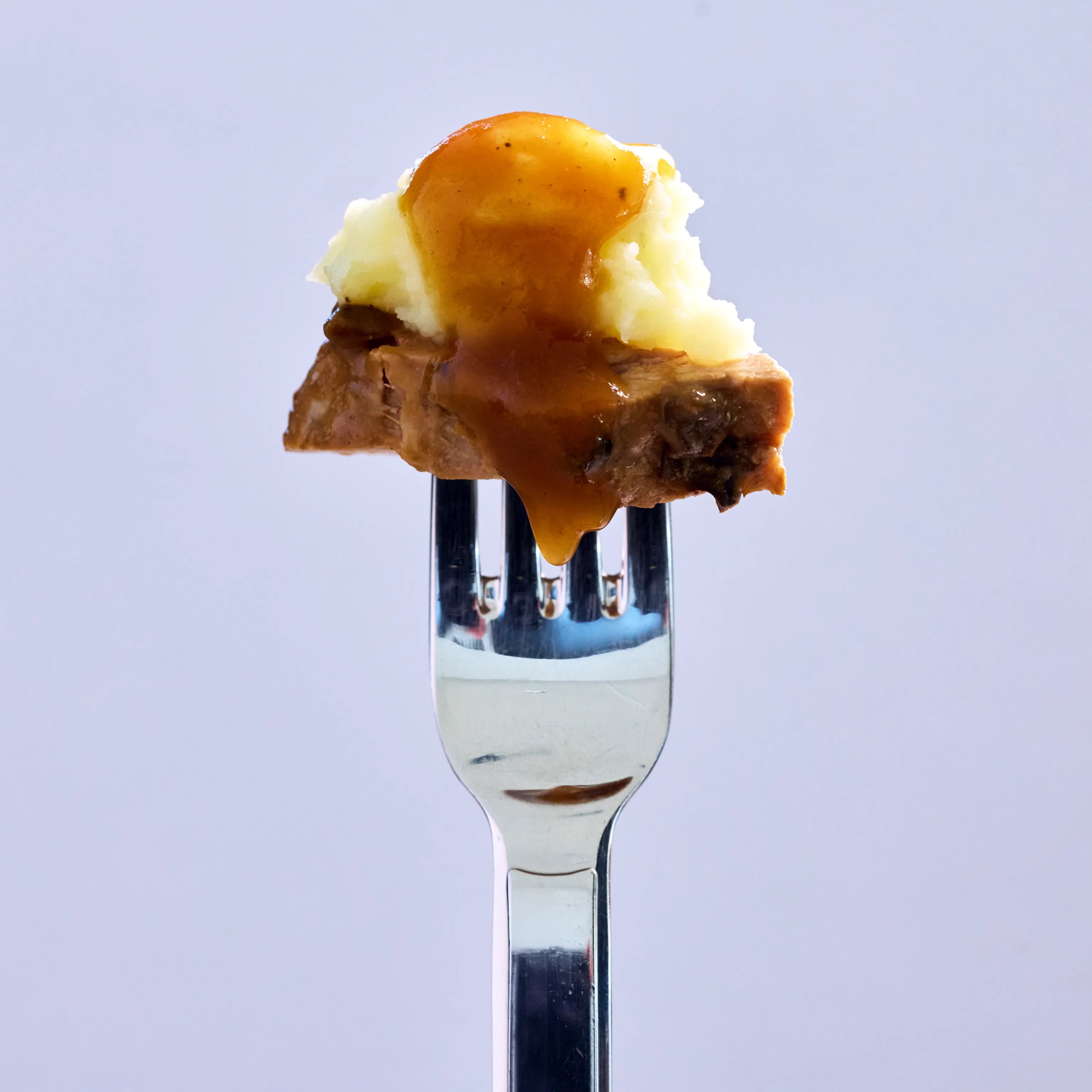 Gabel mit einem Bissen Braten, Kartoffelpüree und brauner Soße vor hellem Hintergrund, appetitlich serviert