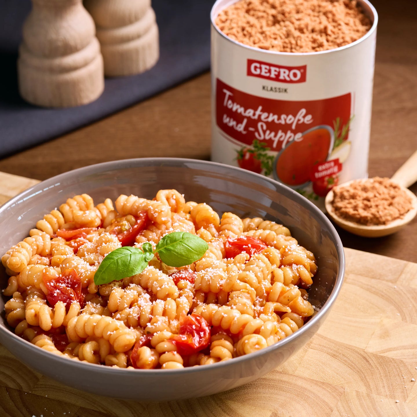 Schüssel mit Nudeln in Tomatensoße, Tomaten und Basilikum; daneben Dose GEFRO Tomatensoße und-Suppe.