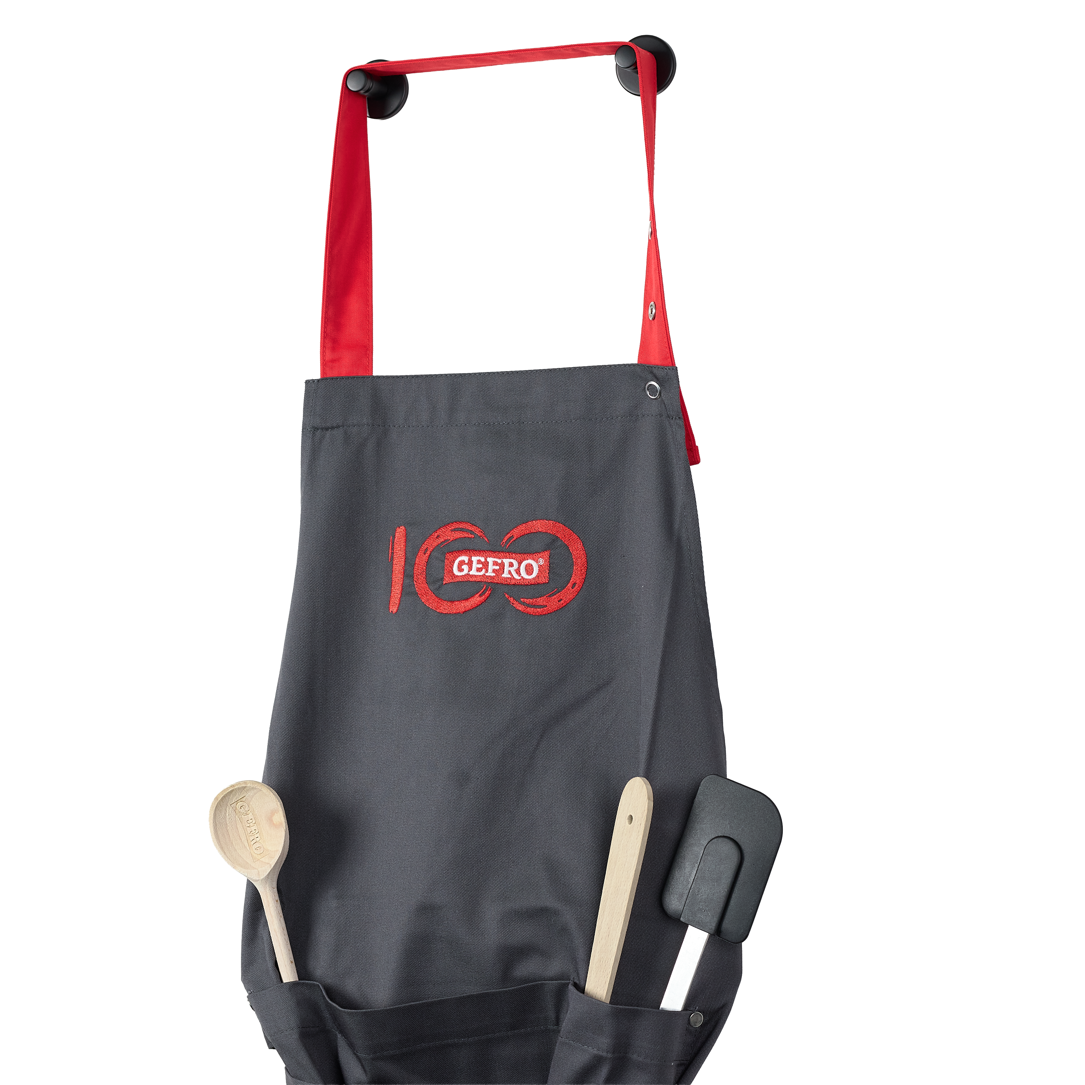 Schwarze Küchenschürze mit roten Bändern, GEFRO-Logo und Taschen für Kochlöffel und Pfannenwender